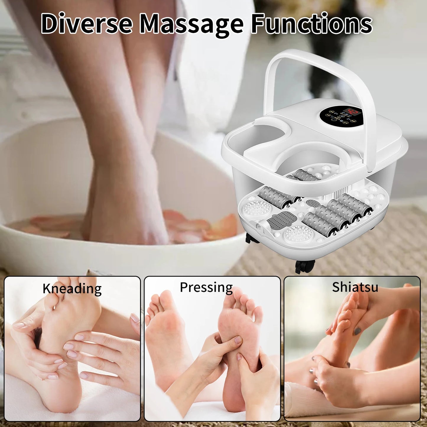 Bain de pieds de massage température réglable 38 ° C-48 ° Seau de trempage C bassin de sauna seau de baignoire de spa avec 8 rouleaux de massage