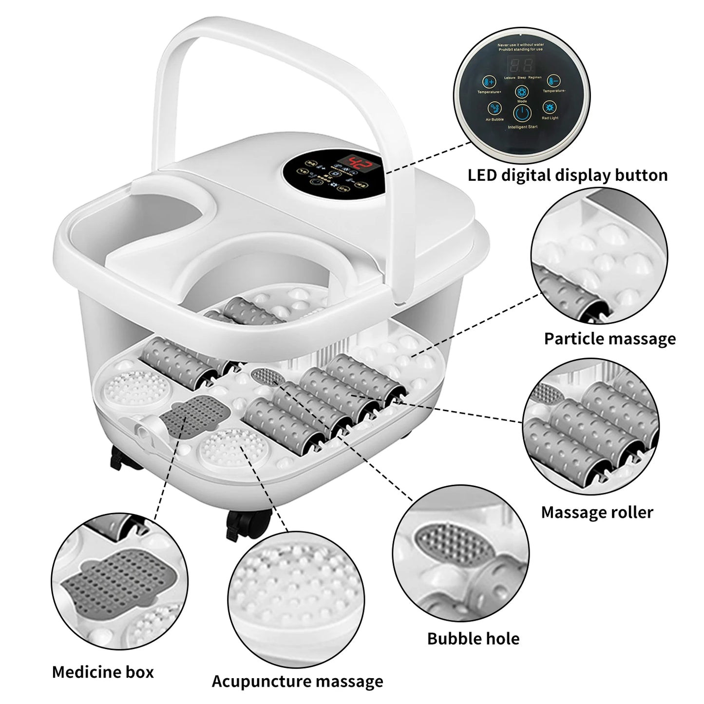 Bain de pieds de massage température réglable 38 ° C-48 ° Seau de trempage C bassin de sauna seau de baignoire de spa avec 8 rouleaux de massage